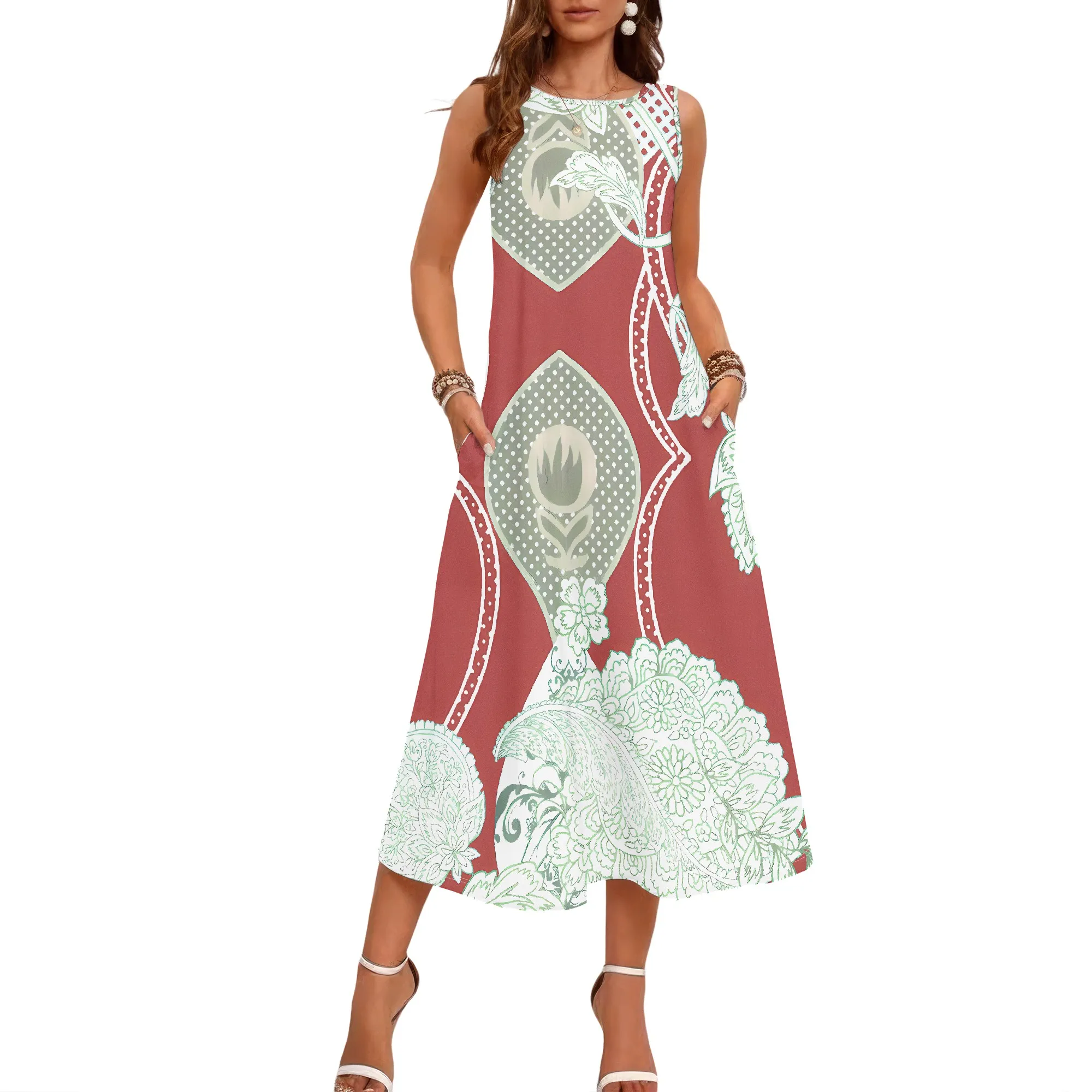 Damen-Kleid im lässigen Stil mit lockerem Rundhalsausschnitt, Sommerkleid mit geometrischem 3D-Print, schwarzem Stil, ärmellos, großes Swing-Kleid (mit Tasche) – Detail 1