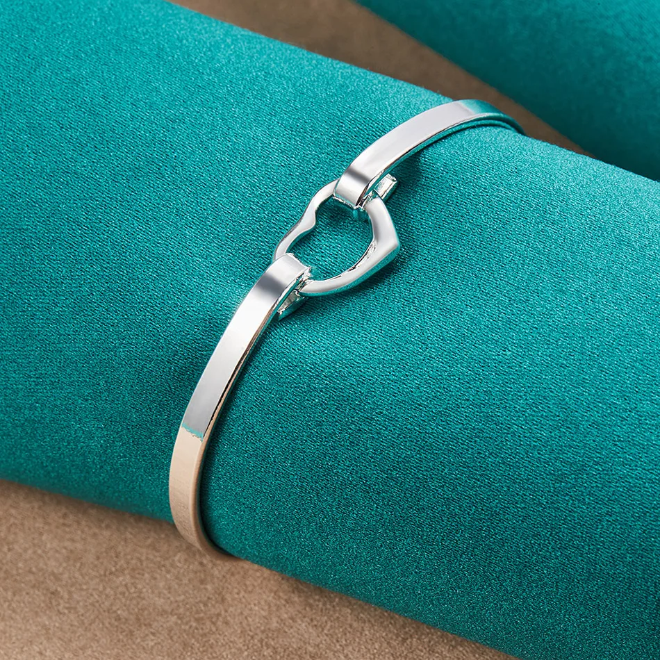 URMYLADY 925 Sterling Silver Love Heart Necklace Earrings Bangle Jewelry Sets For Women Wedding Party Fashion Charm Gift