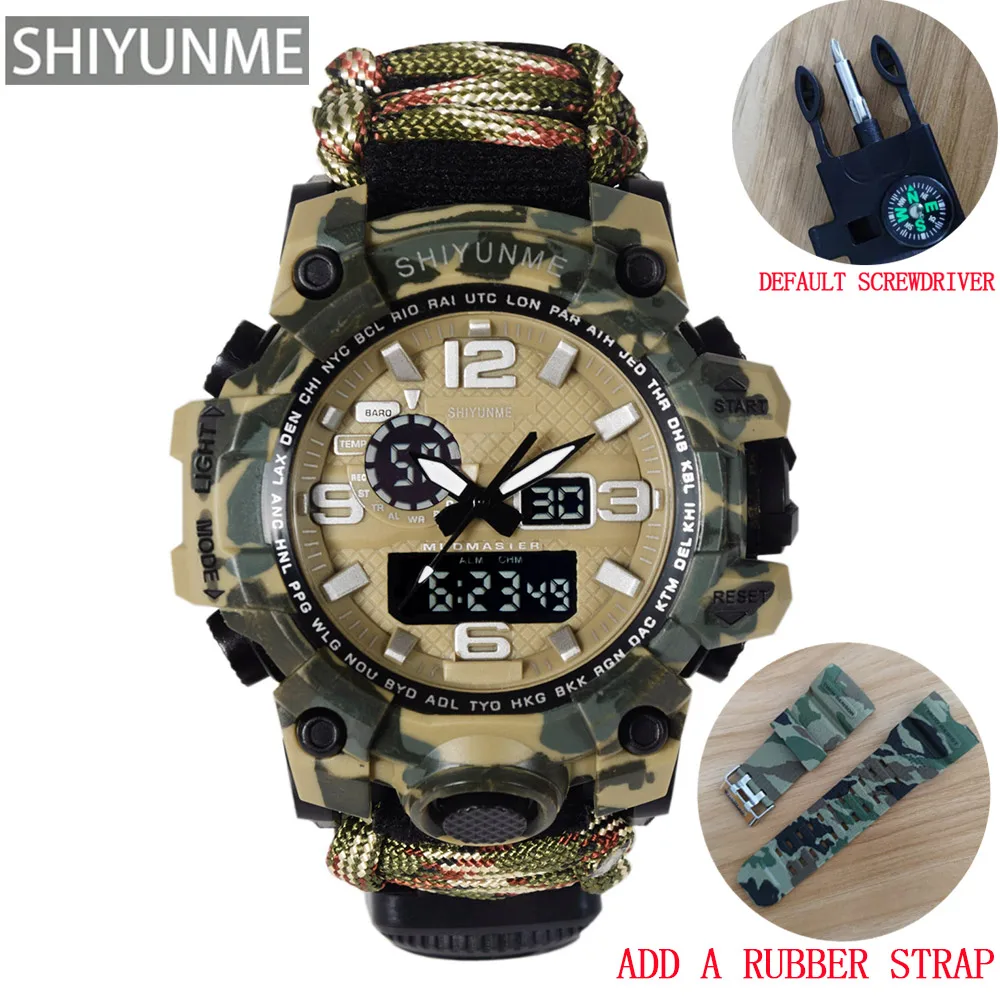 SHIYUNME Military Sports Watch Men LED Digital Quartz Double Display Clock Mens 50M Waterproof Compass Watch Relogios Masculino 