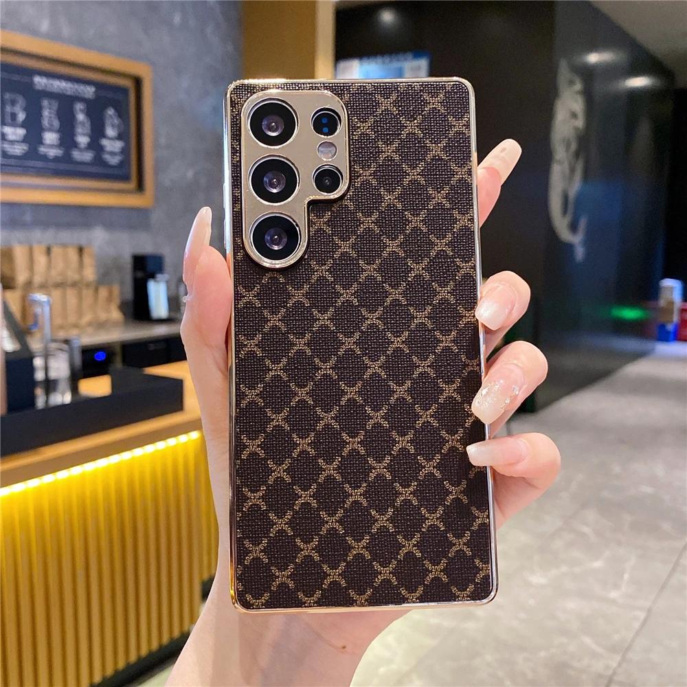 Luxury Gold Plating Glitter Retro Grid Leather Phone Case
