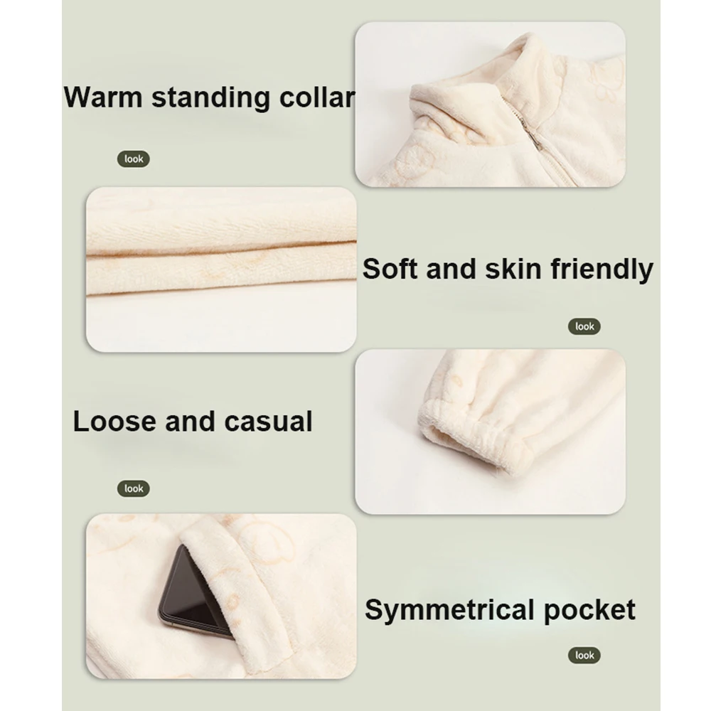 Cartoon Bear Sleepwear Men's Winter Pajamas Set Zipper Stand-up Collar Thicken Flannel Warm Pajamas for Couples Women Pijamas