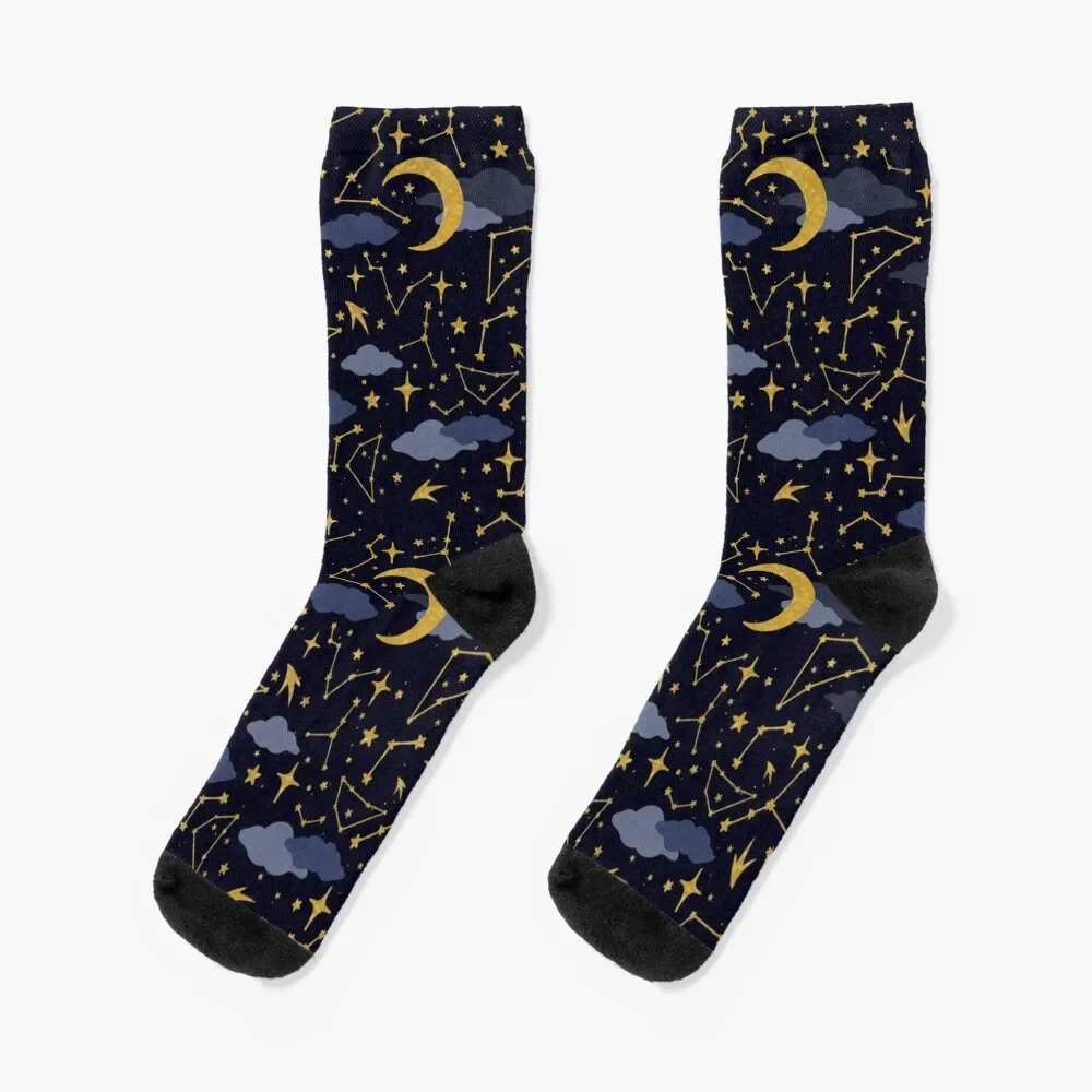 

Celestial Stars and Moons in Gold and Dark Blue Socks compression halloween sports stockings Non-slip Ladies Socks Men's