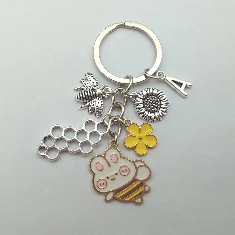 New Cute Letters A-Z Insect Bee Keychain, Enamel Keychain Geometric Fashion, Honeycomb, Bee Bumblebee Keychain