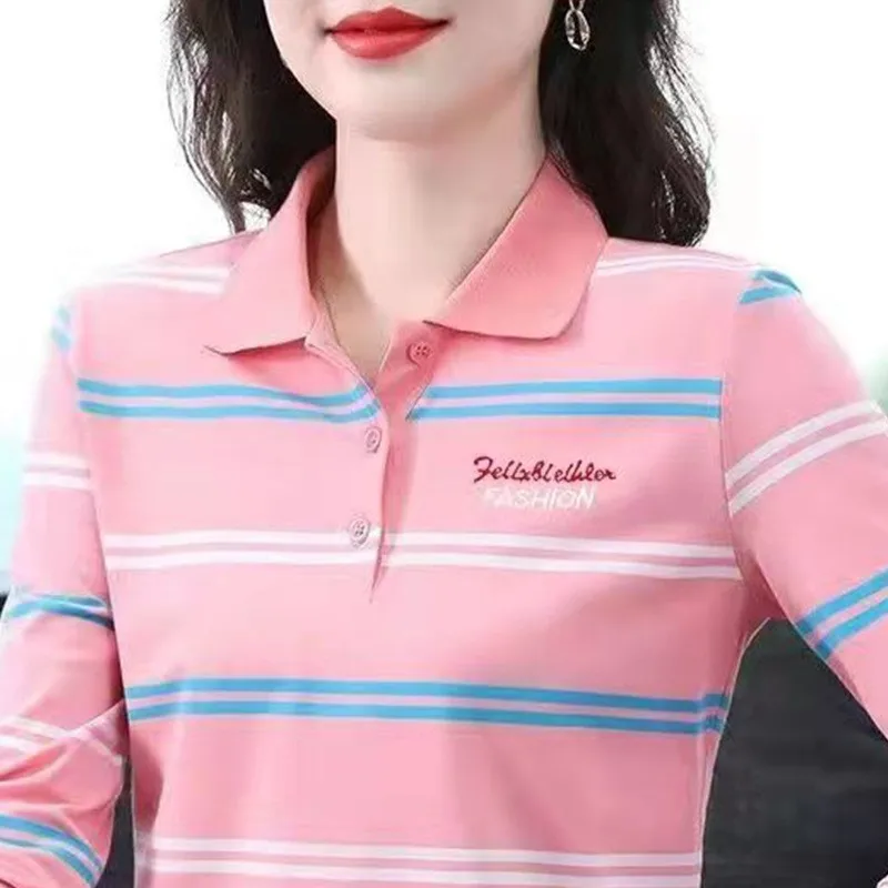 Polo a Righe alla Moda a Maniche Lunghe in Misto Cotone, Stile Versatile e Snellente per Donne di Mezza Età, Casual e Confortevole - immagine 4