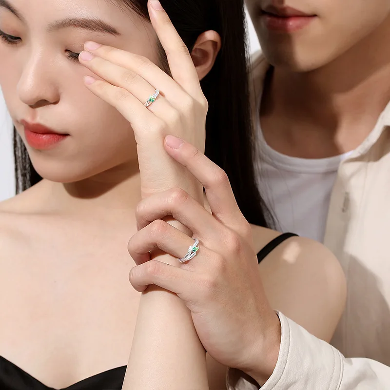 Sweet Simple Green Leaves Young Couple Ring For Women Lover Silver Color Open Resizable Rings Romantic Wedding Jewelry couple rings