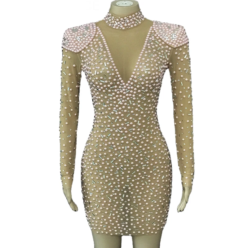 

Rhinestone Women Sexy Pink Pearls Mesh Transparent Dress Birthday Stretch Clothing
