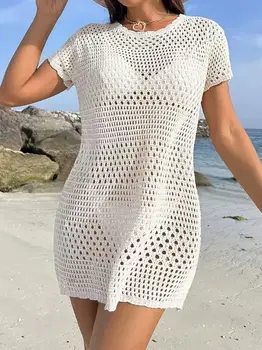 Summer Solid Color Mini Dress round Neck Holiday Hollow out Sun Protection Beachwear Women's Fashion Casual Skirt 1