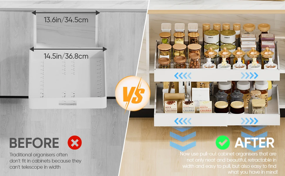 Description Picture 6 of item2 Pack Expandable Pull Out Cabinet Organizer Adhesive, Peel And Stick Slide Out Drawers for Kitchen Cabinets,Adjustable Width