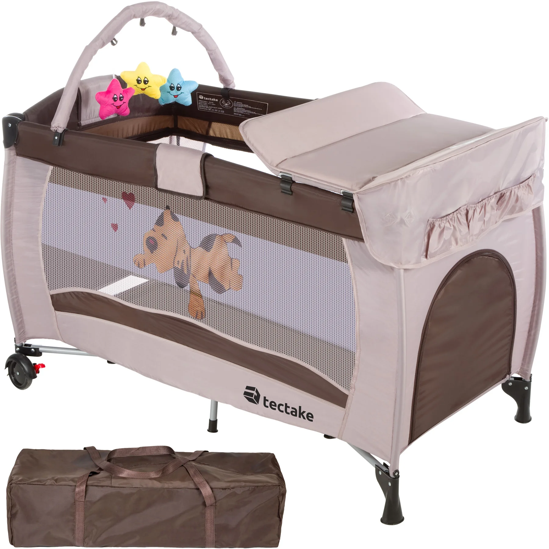 Teclake-Berço de viagem com troca marrom, berço dobrável para viagem, cama com grades laterais, desviador, cama de bebê com esteira e rodas, cama infantil pequena com arco