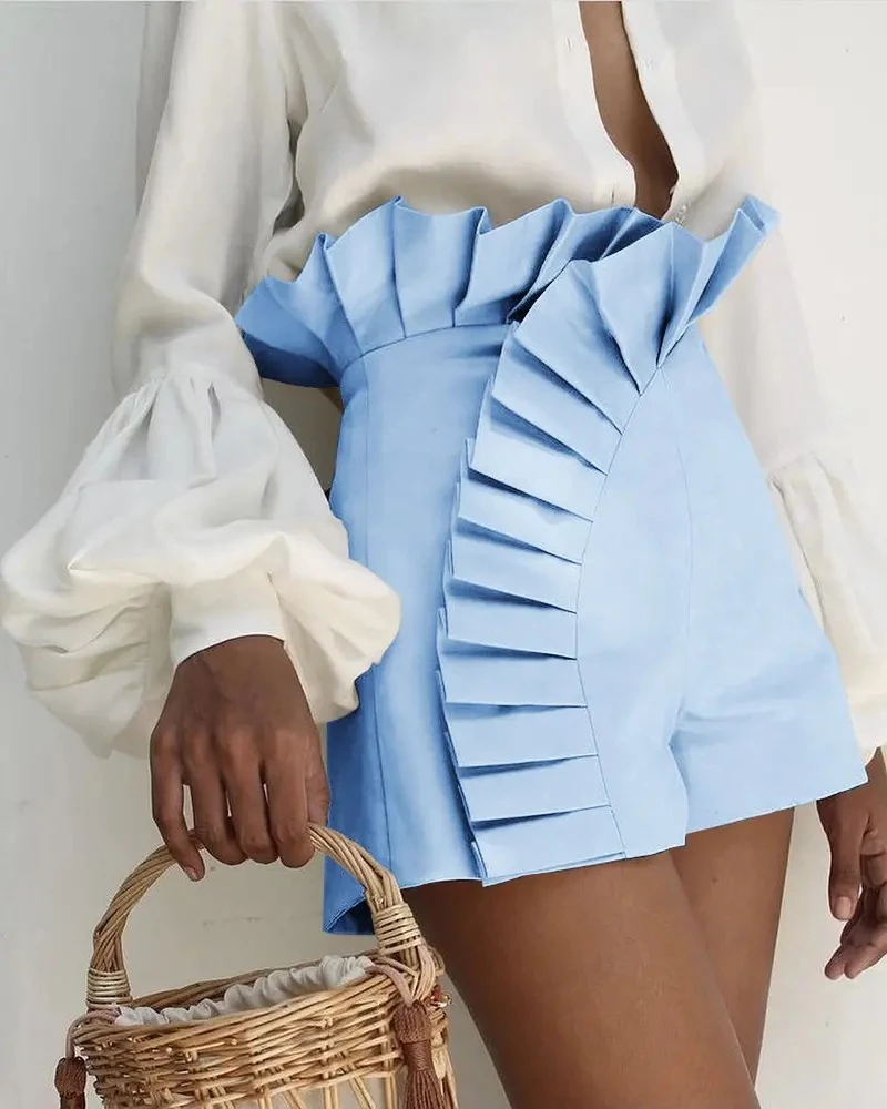 Elegant Ruffles Summer Shorts Women Pleated High Waist Fashion Casual Pants Female Sexy Bottom Office Lady Clothing Outfits