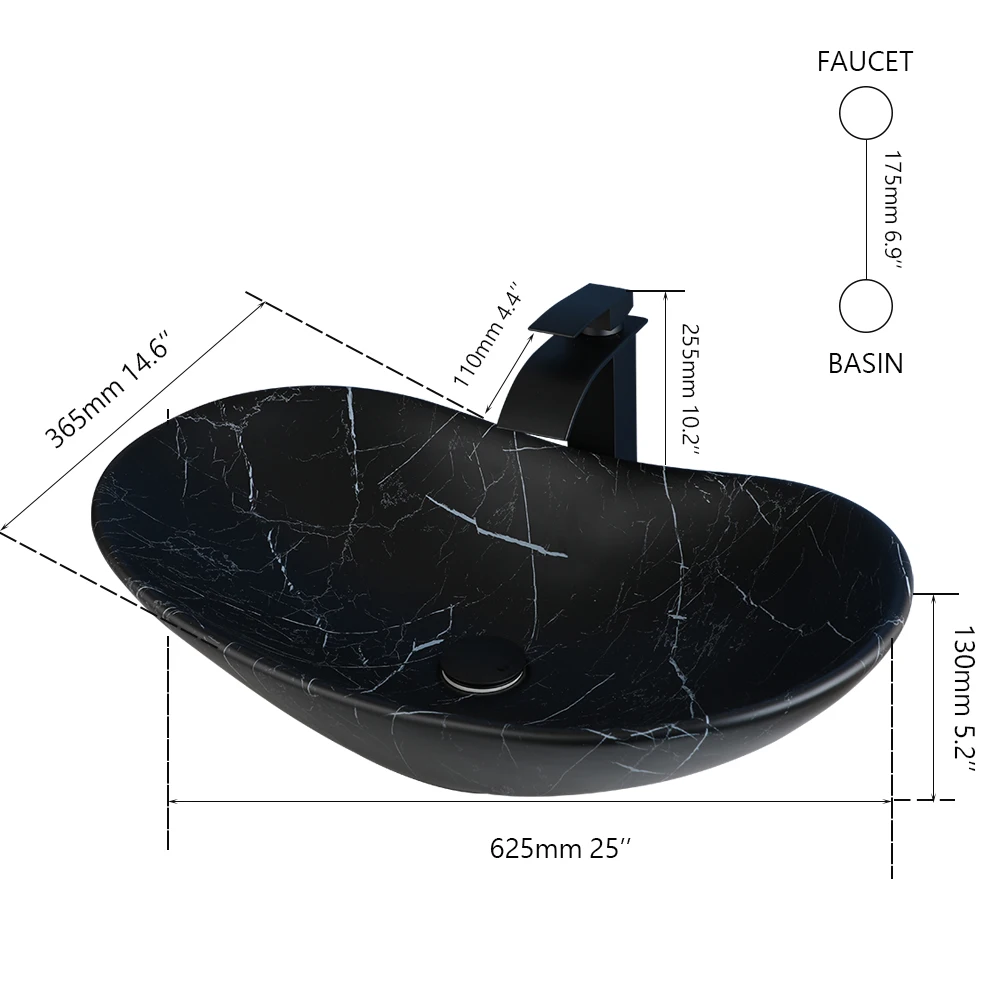 KEMAIDI Black Ceramic Vessel Sink with Faucet and Drain Combo 24 inch Oval Above Counter Bathroom Sink Bowl with Marbling Basin 6