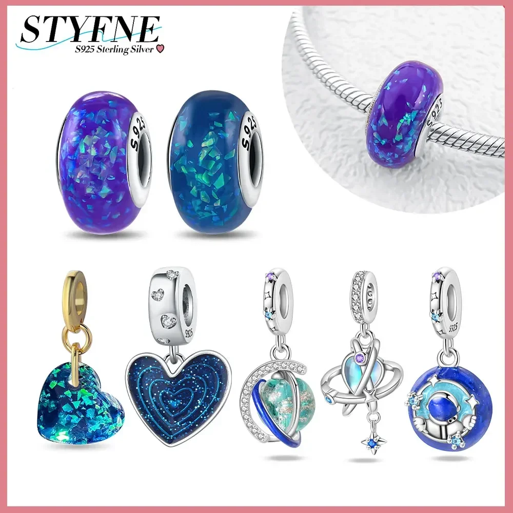 925 Sterling Silver Opal Blue Green Magic Stripe Beaded Charm for Women Diy Original Bracelet Fine Jewelry Making Gift beads charms charm jewelry silver charm bracelet