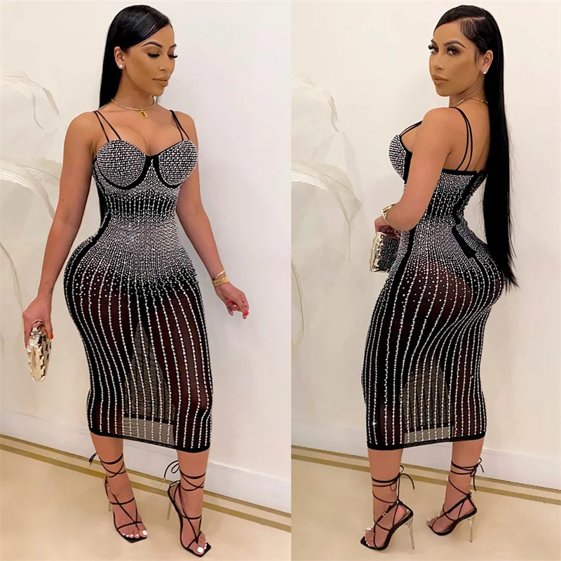 Sparkly Rhinestone Birthday Dress Women Mesh See Through Spagetti Straps  Strapless Midi Bodycon Dress Sexy Club Party Dresses - AliExpress