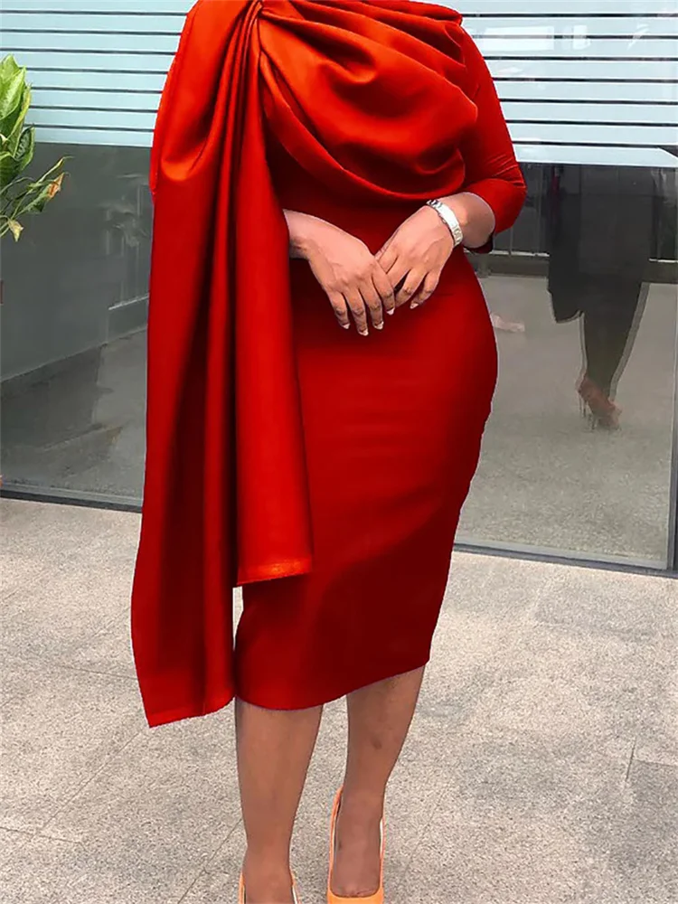 Wmstar Women Dress Elegant Casual Solid Color Stacked Neck Long Sleeve Ruffled Slim Skinny Bodycon Evening Night Club Dresses