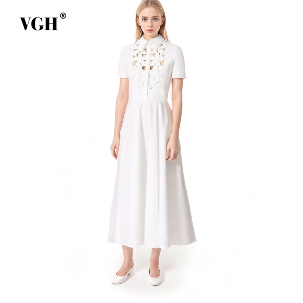 

VGH Solid Hollow Out Patchwork Appliques Dress For Women Lapel Short Sleeve High Waist Spliced Single Breasted Dresses Female