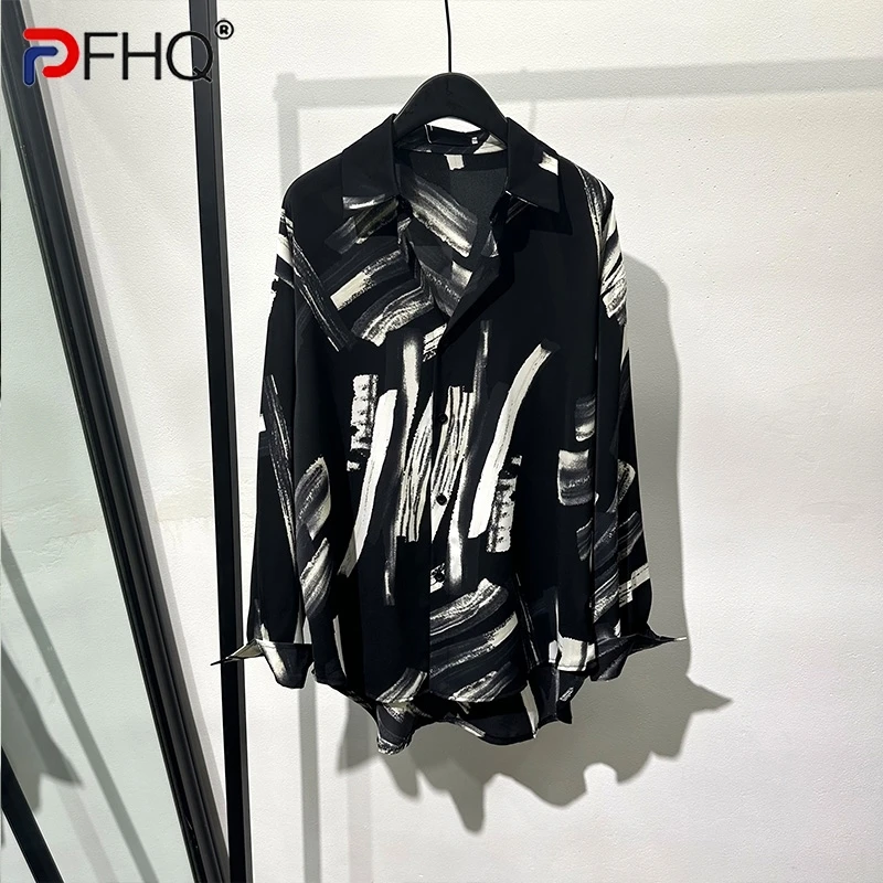 

PFHQ 2023 летние новые модные рубашки с граффити в полоску для мужчин с длинным рукавом однобортная свободная Мужская блузка одежда 21F3584