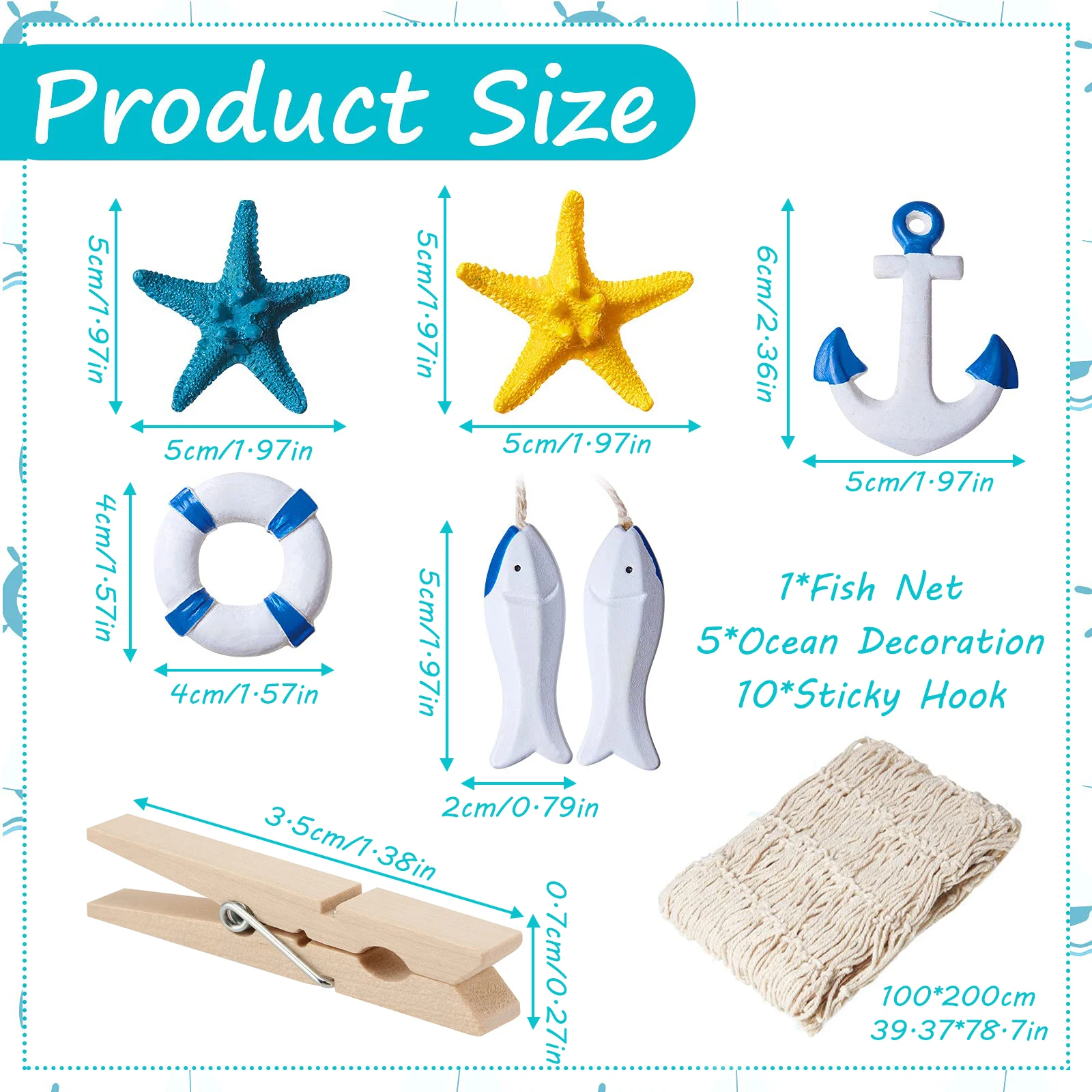 Resin Starfish Ornaments Fishing Net Wall Decoration 16pcs Nautical Fish Net Wall Decoration with Starfish Ornaments and Clips for Pirate Party Photographing Decor