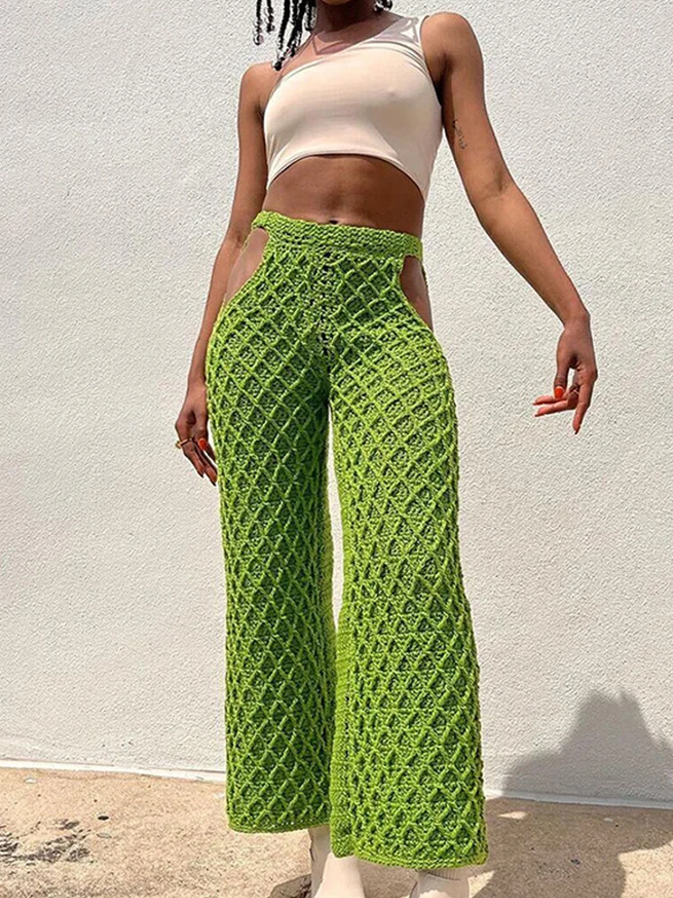 Sexy Cut Out Knit Crochet Pants Women 2023 Spring Green Loose Female Beach Pant Fashion Wide Leg Calças Ladies Trousers