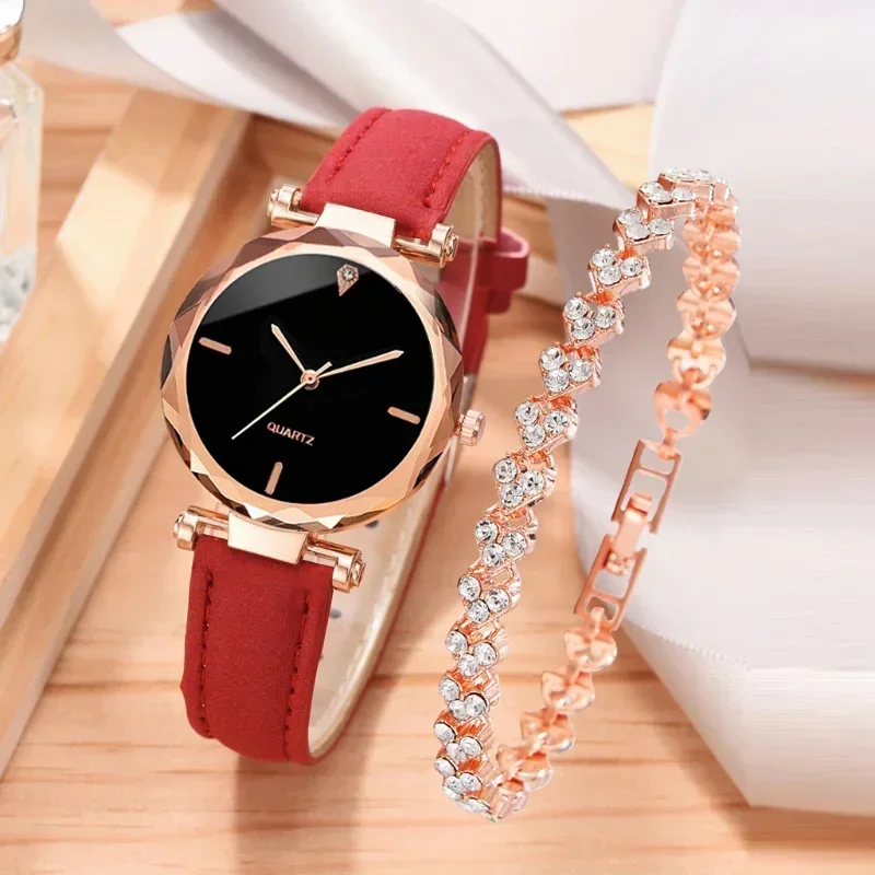 2PCS Set Watch For Women Luxury Leather Analog Ladies Quartz Wrist Watch Fashion Bracelet Set Female Relogio Feminino