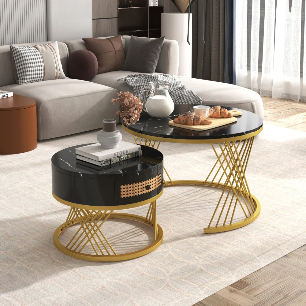 2-in-1 runder Couchtisch aus MDF, Beistelltisch mit Marmor-Arbeitsplatte und Schubladen aus Kunststoff-Rattan, Massivholzgriffe – Detail 22