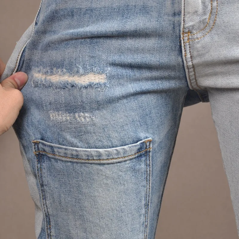 2022 Summer Jeans Men Streetwear Casual Pencil Pants Ripped Jean Light Blue Patchwork Slim Fit Denim Trousers