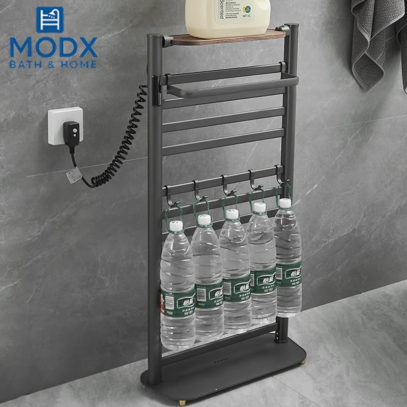 ราวแขวนผ้าเช็ดตัวแบบตั้งพื้นสีเทา/ขาว พร้อมระบบทำความร้อนสำหรับห้องน้ำ มีตัวตั้งเวลา พร้อมชั้นวางสำหรับตากเสื้อคลุมอาบน้ำ 1