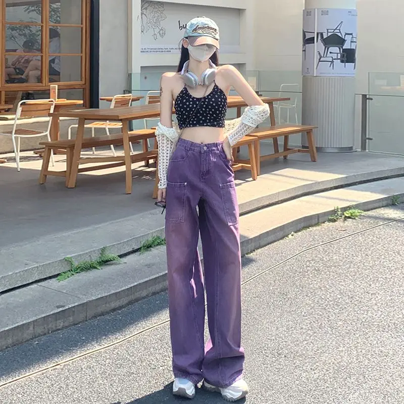 2023 Purple Denim Wide Leg Pants Show Slim Floor Dragging Pants Popular Korean Style Straight Leg Pants for Women