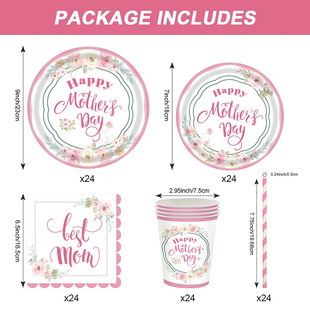 Disposable Tableware Set Pink Flowers Theme Mother's Day Party Decoration Dinner Plates Dessert Plates Napkins Paper Cups Straws