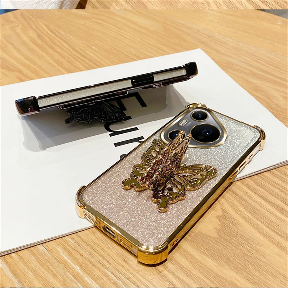 Shockproof Glitter Butterfly Stand Phone Case with Plating Cover