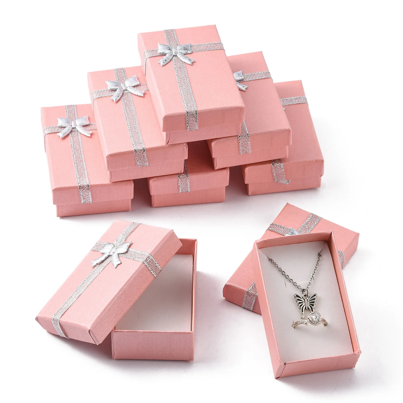 24pcs Valentines Day Gifts Bowknot Cardboard Jewelry Boxes Rectangle Necklace Ring Pendants DIY Packing Supplies 80x50x25mm 24pcs texture cardboard jewelry box with sponge rectangle multi colors bracelet necklace ring diy packing supplies 9 35x6 3x3cm