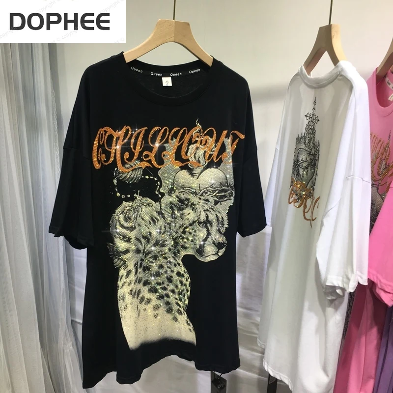 

Unisex Summer Short Sleeve T-shirt 2022 New Fashion Domineering Panther Hot Drilling Mid-long Pullover Top Streetwear Loose Tees