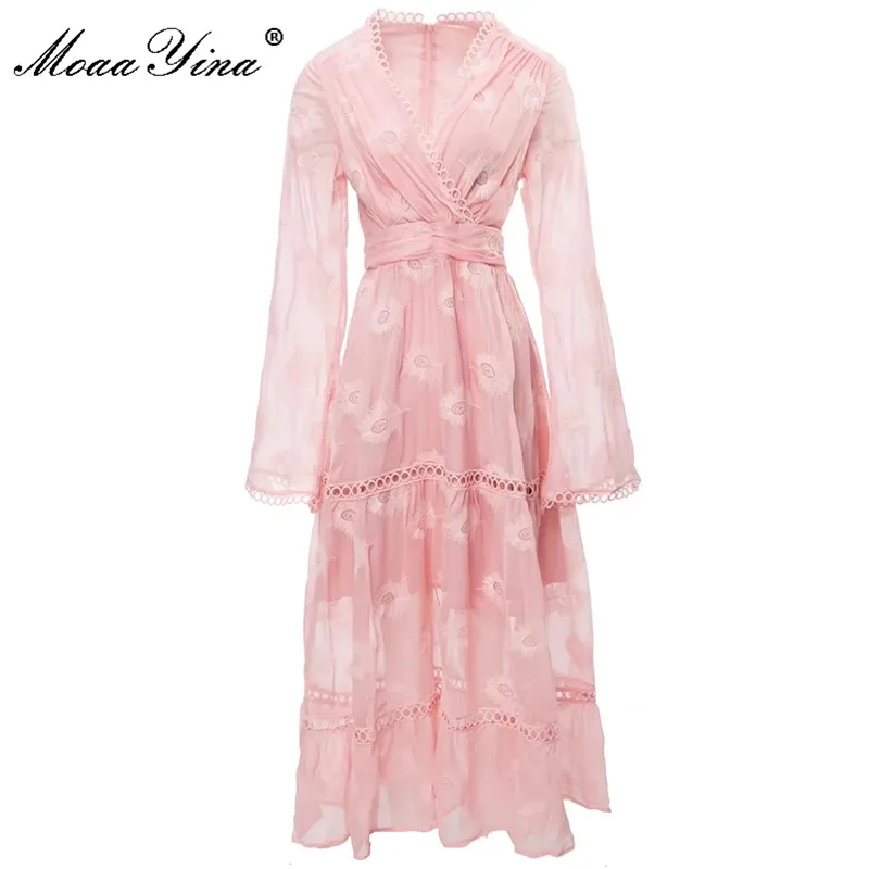 

MoaaYina New Fashion Designer dress Summer Women's Dress V-Neck Flared Long Sleeve Lace Embroidery Thin Dresses