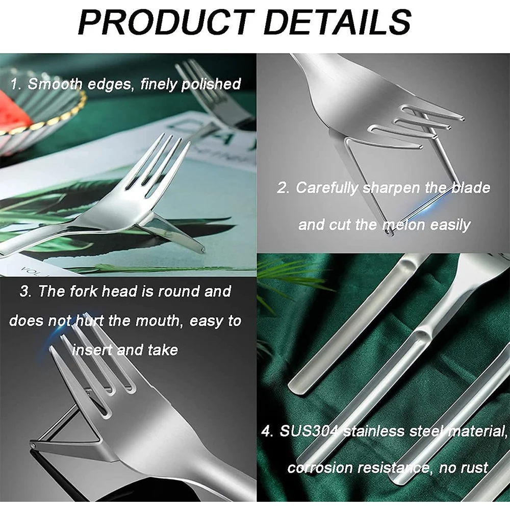 2 In 1 Watermelon Slicer Cutter Stainless Steel Fruit Forks Portable Tableware