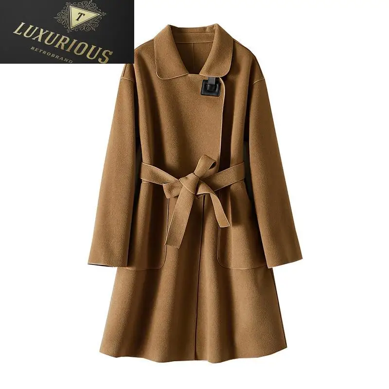 

Winter Coat For Women 2024 New Fashion Solid Woolen PU Button Waist Turn Down Collar Mid Length Wool Blends s 4XL
