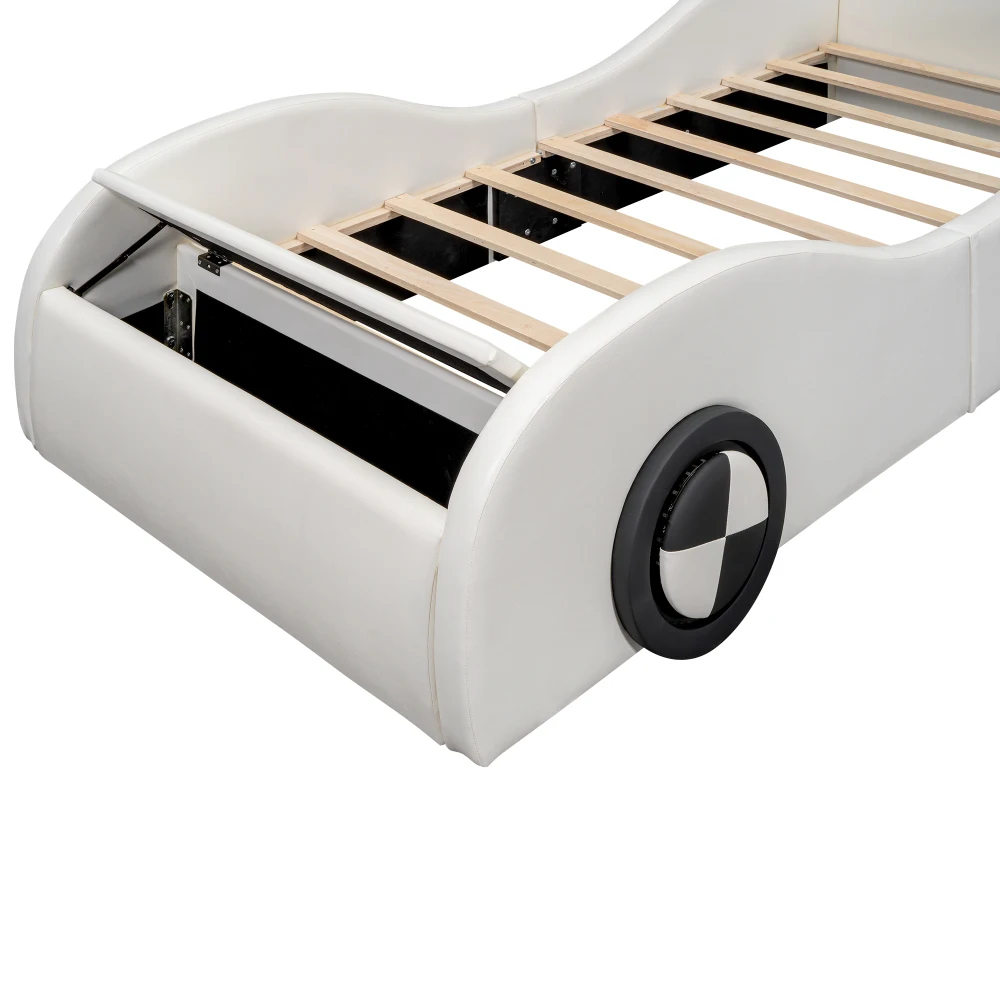 Gelbes PU-Leder-Autobett für Kinder, gepolstert, 90 x 200 cm, mit leuchtenden Rädern, Kinderbett für Jungen und Mädchen, Schlafzimmermöbel – Detail 33