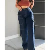 2024 Women's Jeans High Waist Slimming High Street Trousers Loose Straight Pocket Design Denim Pants Streetwear 5
