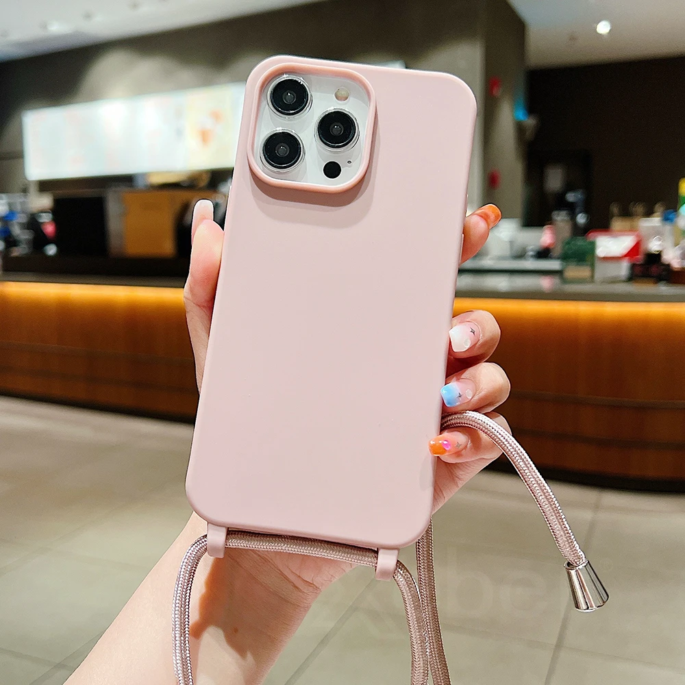 thumbnail image 1 of Crossbody Lanyard Matte Silicone Phone Case For iPhone 15 Pro Max 14 13 12 Necklace Strap Cord Candy Color Soft Shockproof Cover, 1 of 5