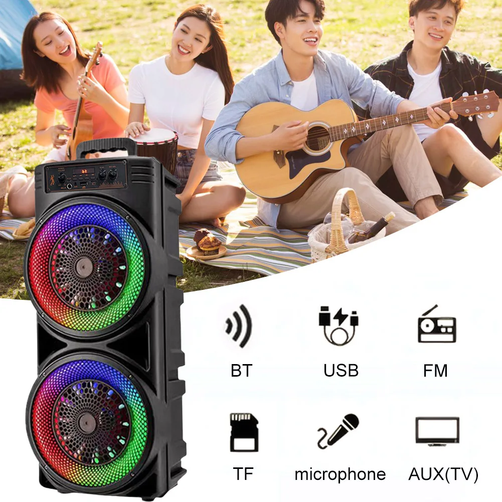 Portable Bluetooth Speaker USB/TF/AUX/FM/BT/MIC Loud Boombox Long Playtime Microphone In, Party Lights, USB, Radio, Remote