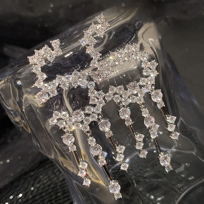 Luxury Exaggerate 5 Number Cubic Zirconia Tassel Dangle Drop Earrings for Women Big Crystal Wedding Party Fashion Jewelry Gift