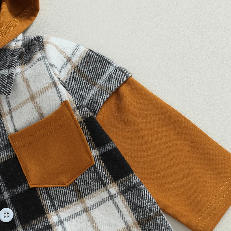SUNSIOM Baby Boys Shirts Plaid Patchwork Long Sleeve Hooded Turn-Down Collar Buttons Toddler Hoodies Fall Infant Tops