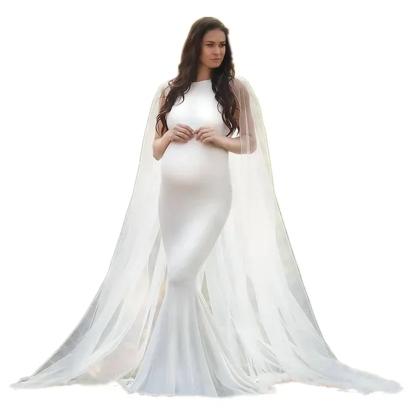 

Sleeveless Jersey Baby Shower Long Dress With Tulle Cape Pregnant Woman Dress For Photo Shoot Maternity Photography Mermaid Gown