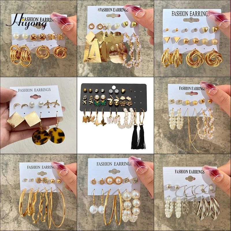 Fashion Dangle Earring Set Gold Silver Color Hollow Drop Earrings