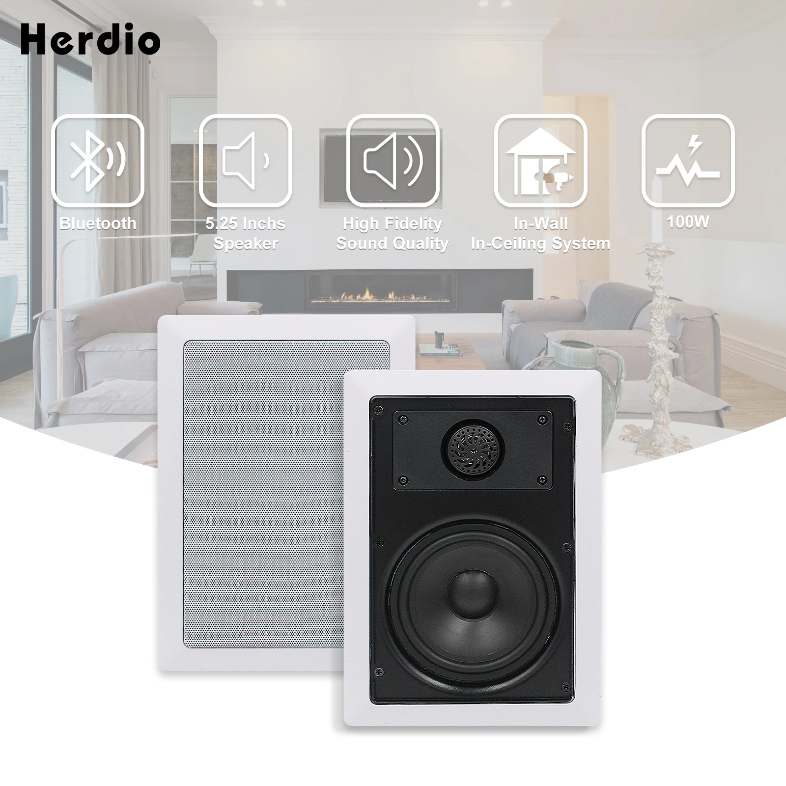 Herdio 5.25 Inch 2-Way Bluetooth In-Wall/Ceiling Speakers For Indoor/Outdoor Home Background System