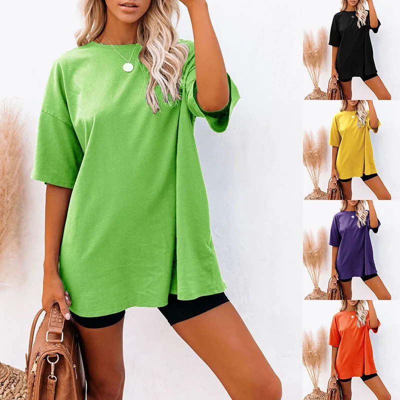 

INS Women's 2023 Summer New round Neck Pullover Solid Color Bottoming Loose plus Size T-shirt Pop Top