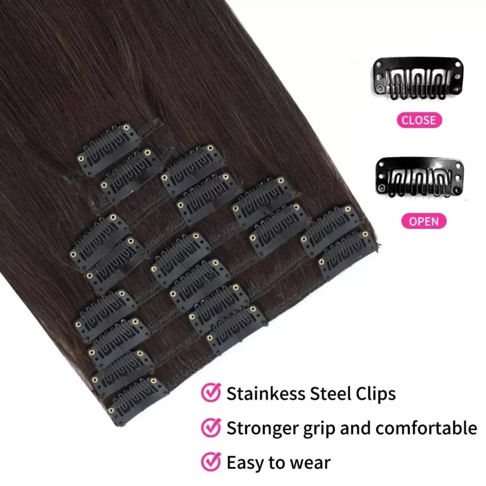 Clip In Hair Extensions #2 Dark Brown Human Hair Straight Brazilian Full Head Seamless Clip ins Extensions for Women 120G 8Pcs