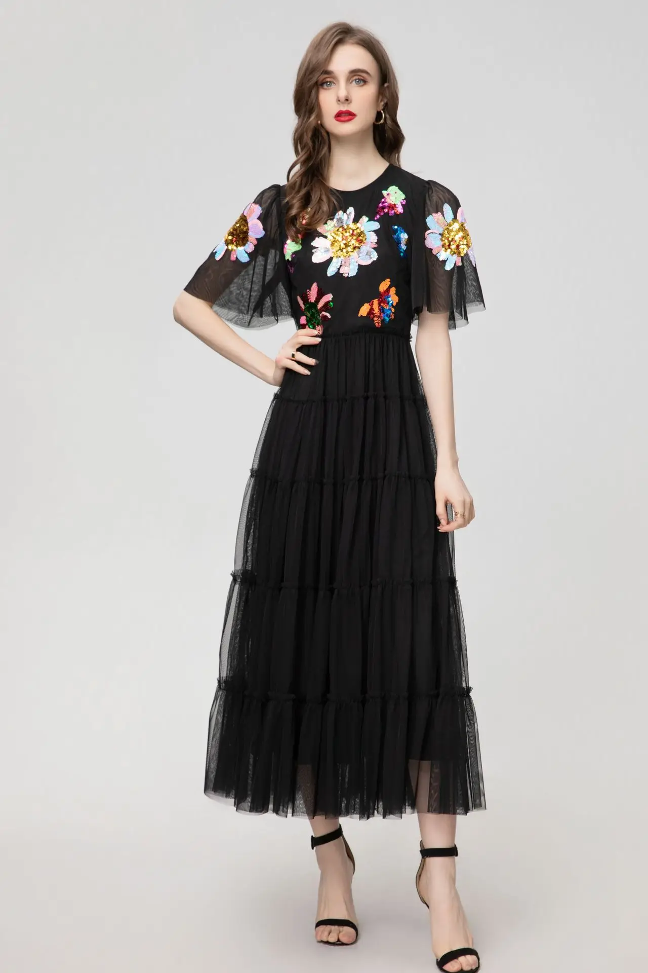 

Fashion Designer Dress 2024 Summer Women's Dress Short Sleeve Flower Embroidery Sequins Mesh Black Slim Dresses High Quality