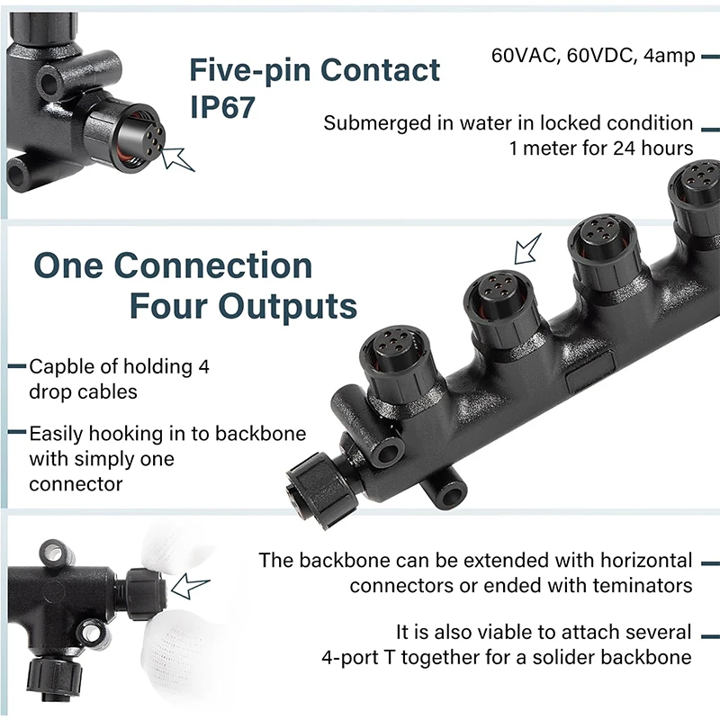 NMEA 2000 4-Port Tee Connector - IP67 Waterproof, M12 5Pin, For Marine Networks, Compatible With Garmin & Lowrance