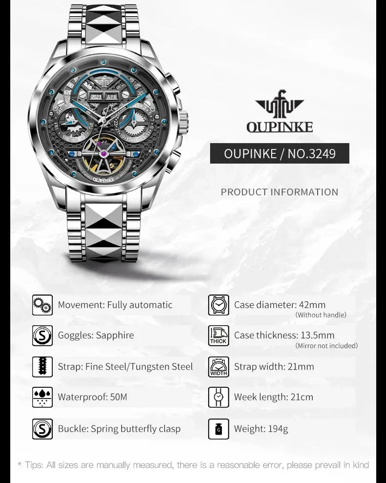 OUPINKE 3249 Men Watch Top Brand 50m Waterproof Mechanical Watch For Men Hollow Skeleton Synthetic Sapphire Mirror Wristwatch