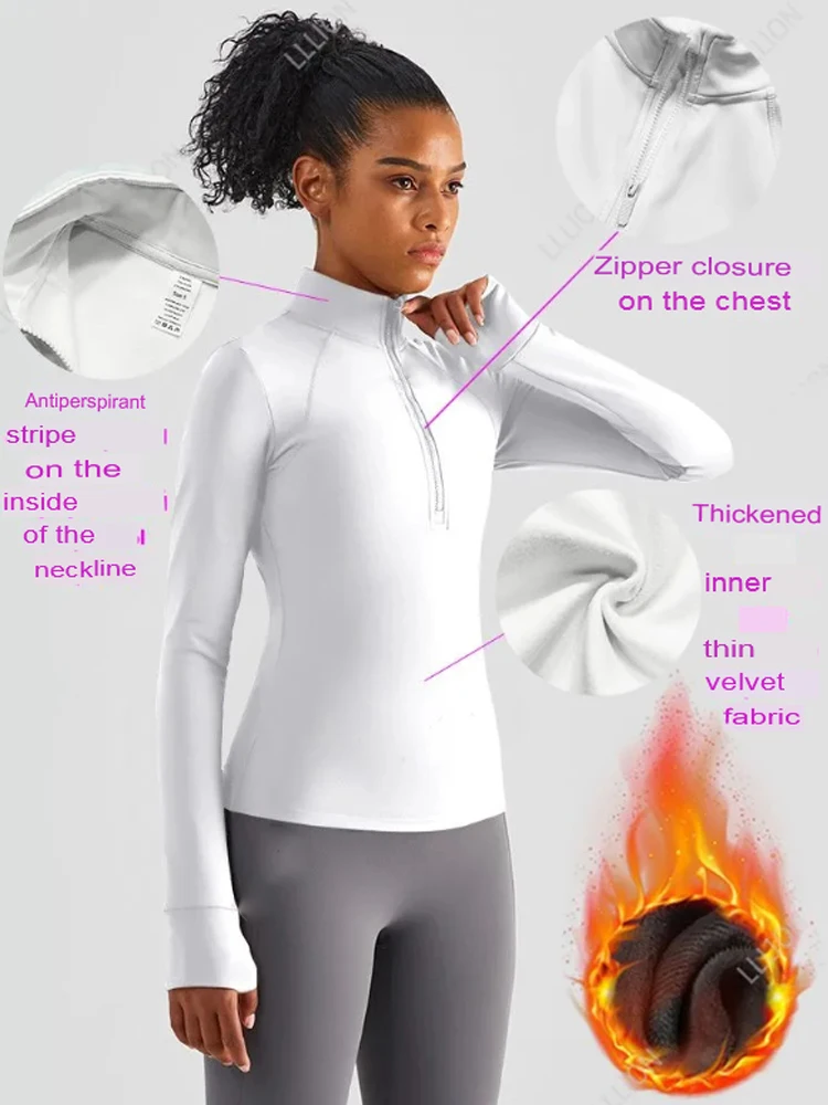 MXLLINA Plush Thickened Equestrian Tops Sports Long Sleeve T-Shirts Women Winter Riding Horse Blouse Zipper Competition Layer 2
