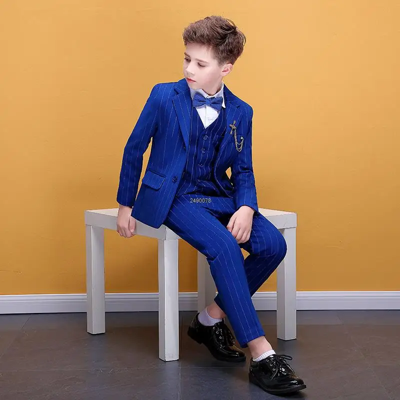 

Flower Boys Blue Luxurious Wedding Suit Prince Kids Photograph Suit Teenager Tuxedo Dress Children Graduation Stage Show Costume
